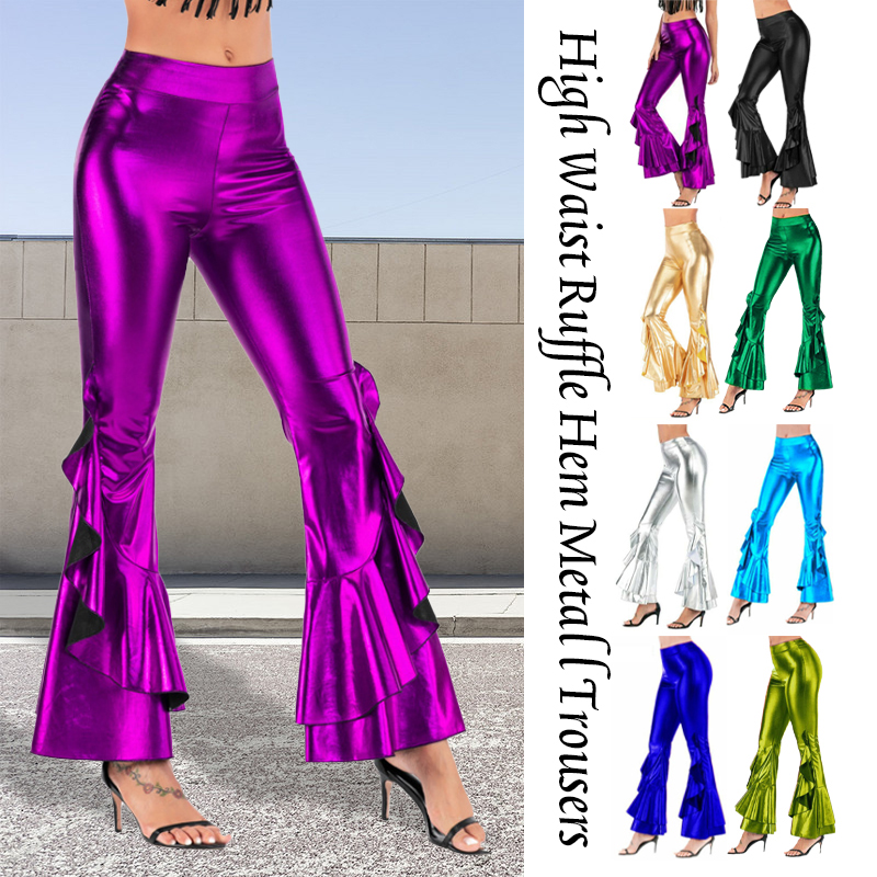 Wide Leg Trouser 70S - Vrouwen glanzende flare broek metallic bell