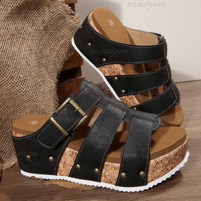 Vintage Outdoor Fashion - Vintage gespsluiting wedge sandalen dames open