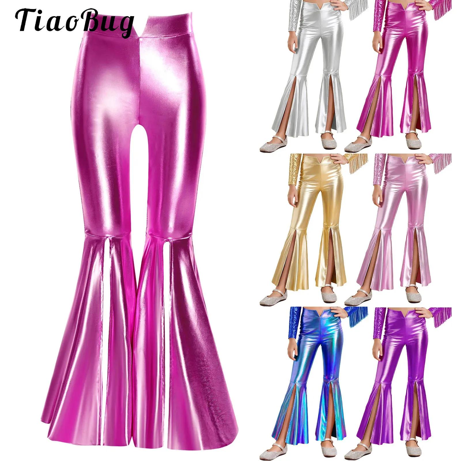 Wide Leg Trouser 70S - Meisjes glanzende metallic legging glanzende flare