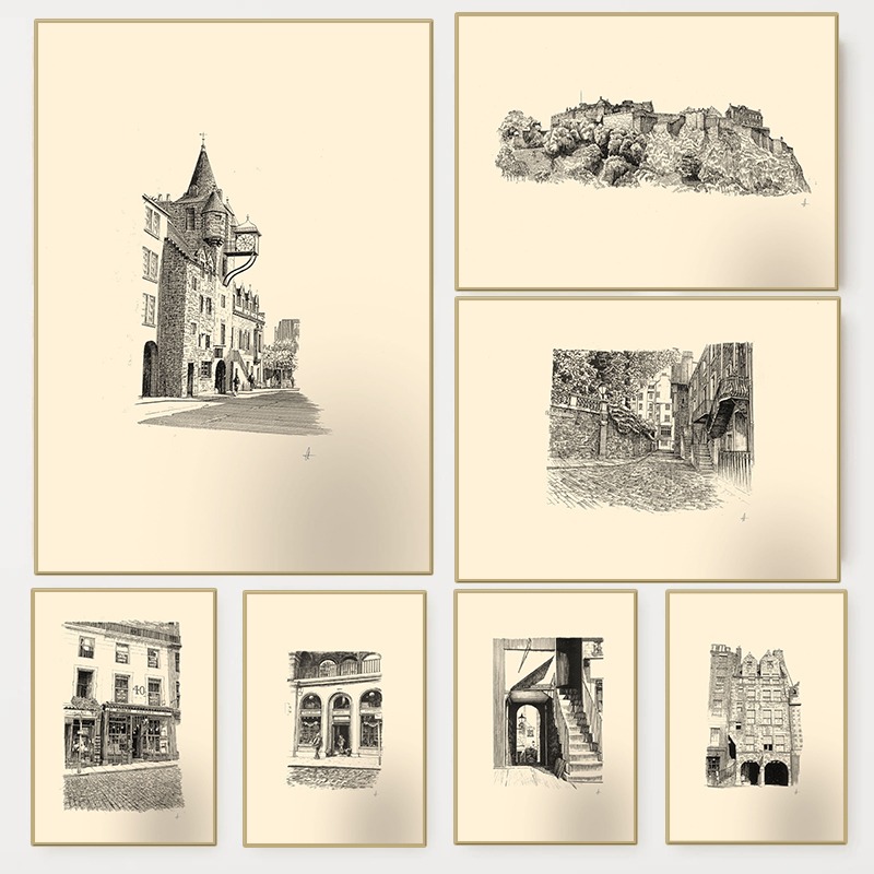 Vintage Fashion Wall Art - Vintage Edinburgh Castle Pen Inkt Tekening